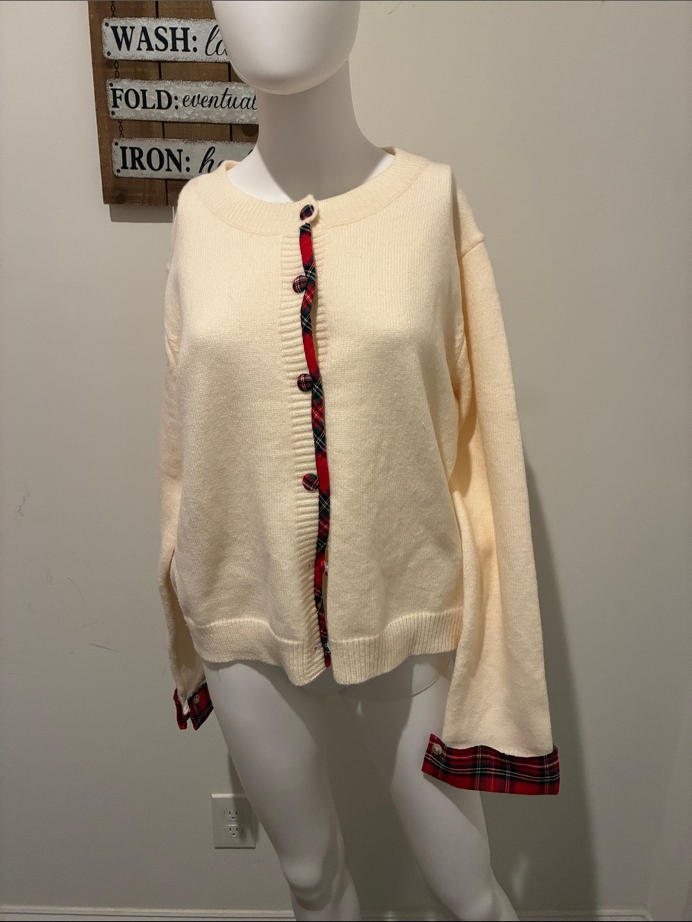 entro Cream Knit Cardigan with Red Plaid Trim